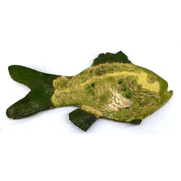 Art Pottery Fish Decor 13" Signed Meg Green Yellow Hand Crafted - Picture 1 of 12